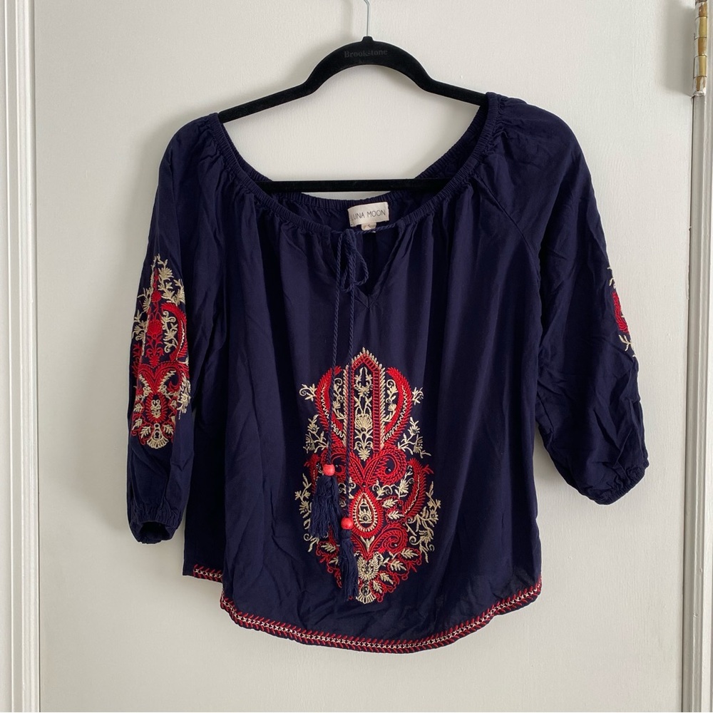 Anthropologie Luna Moon Navy Embroidered Top